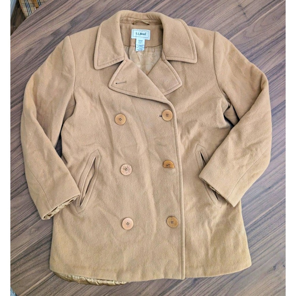 L.L.Bean Women's Petite 4 Camel Wool Blend Double Breasted Peacoat Jacket